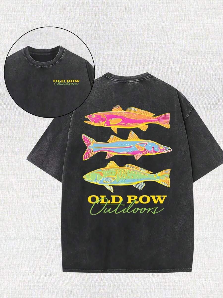 Men's Casual Summer Washed Cotton T-Shirt [Old Row Outdoor] Fish Print, Round Neck, Short Sleeves, Lightweight Cotton Knitted Fabric, Casual Summer Round Neck Shirt | Rib Details. - 黑色 - 查看 1