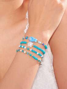 4 Bohemian Tropical Ocean Shell Small Fish Decorations Handmade Blue Beads Bracelet Women's Beach Vacation Party Jewelry