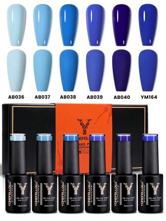 YOKEFELLOW 10 ml blått gellack i 6 färger, himmelsblått, kungligt blått, vårsommar, semi-permanent nagelgellack, soak-off, UV/LED, nagelkonst hemma och på salong, gör-det-själv, för kvinnor, flickor, manikyr, presenter