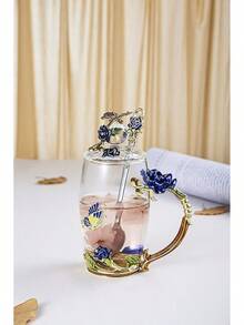 Flower Teacup Transparent Glass Teacup, (With Spoon   Lid), Fancy Tea Cups, Flower Tea Cup,Tea Cup Gift, Gifts For Women,Mother's Day Present,Gift Box. (Rose Blue High Cup) - 玫瑰藍高杯 - 查看 3