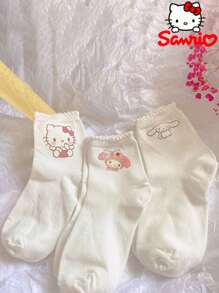 Sanrio 3Pairs Sanrio Women's Mid-Calf Socks | Kawaii Trio Collection (Hello Kitty/My Melody/Cinnamoroll) Elastic Ribbed Cuff & Breathable Fit