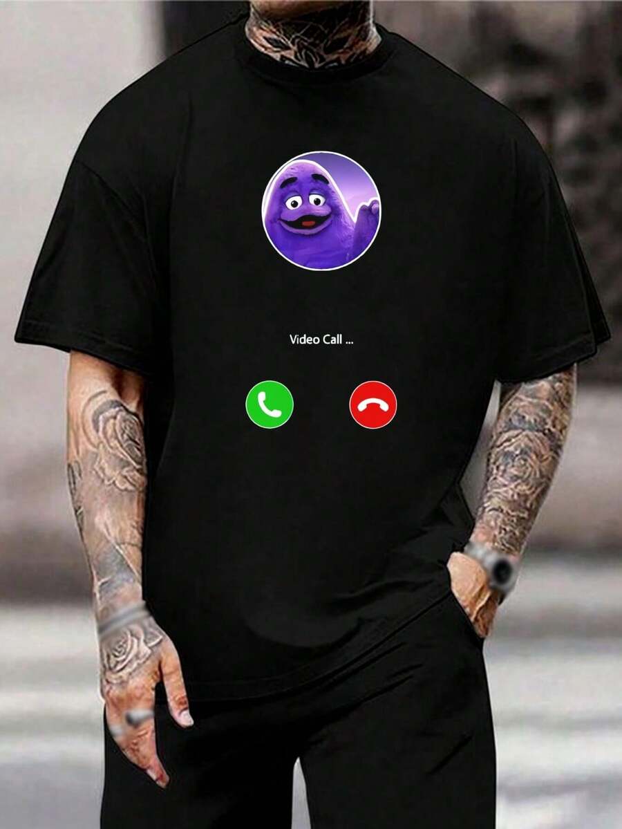 Camiseta divertida de videollamada Grimace de McDonald's para hombre y mujer, camiseta gráfica de moda, camiseta casual de mezcla de algodón, regalo perfecto para fans - Negro - Ver 1