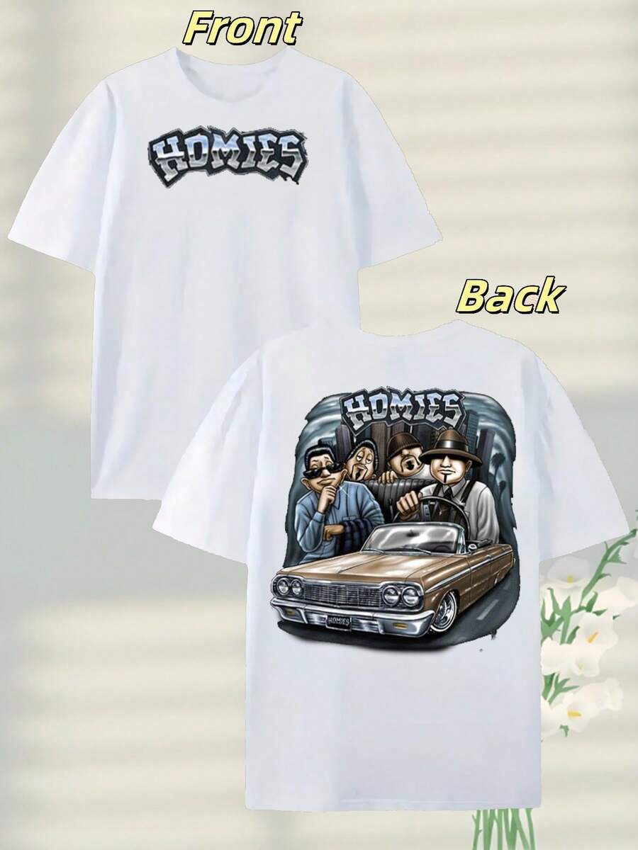 Men Plus Size 100% Cotton T-ShirtMen's Casual Round Neck Short Sleeve T Shirt 1Pcs Double Sided Digital Print Lowrider Homies Style 220g Heavy T Shirt - 白色 - 查看 1