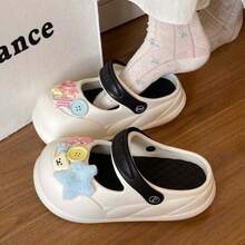 2025 New EVA Clogs Summer Vacation Outdoor Wear Comfortable Breathable Thick Sole Star Button Closed Toe Slippers, Cartoon Home/Office - White Black - View 4