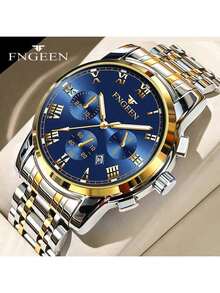 FNGEEN 2pcs/Set Couple Watch With Gold Stainless Steel Strap Roman Scale Blue Dial Calendar Display 50m Waterproof Quartz Watch For Men And Women Precise Timekeeping Japan Imported Quartz Automatic Movement - High-Quality Built-In Long-Life Japan Battery With Small Dial Decoration Valentine's Day Gift Wedding Souvenir - Blue - View 6