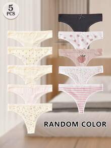 随机颜色 5 件棉质性感内裤印花可爱丁字裤蝴蝶结女士内裤草莓丁字裤罗纹裤女士条纹 T 背弹力透气舒适内衣