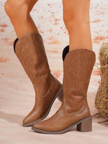 1 Pair Women Elegant Fashion Pull-On Over-The-Knee Boots, Classic Embroidery Design, Brown Western Style Retro Embroidered Cowgirl Boots, Ankle Boots For Autumn/Winter