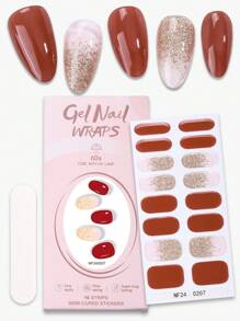 16 pièces de bandes d'ongles en gel semi-cuites rouges, emballages complets autoadhésifs en gel minimalistes à paillettes, durée de 14 jours, nécessite une lampe UV, autocollants d'art nail rapide pour le DIY quotidien des femmes
