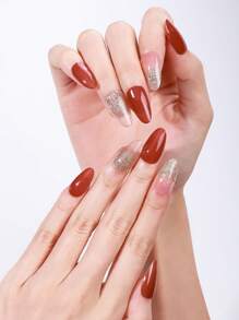 16 pièces de bandes d'ongles en gel semi-cuites rouges, emballages complets autoadhésifs en gel minimalistes à paillettes, durée de 14 jours, nécessite une lampe UV, autocollants d'art nail rapide pour le DIY quotidien des femmes