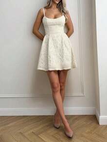 Floreya Summer Wedding Elegant Solid Color High-End Chic Waist-Defining Slim-Fit Spaghetti Strap Midi Dress, Apricot - Cream - View 3