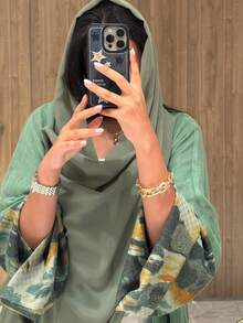1件女士长袍，时尚简约不对称扎染复古印花袖口纯色长款开衫，法式优雅女士长袍，适合日常生活、工作、旅行、派对等场合（不含头巾） - 綠色 - 查看 3