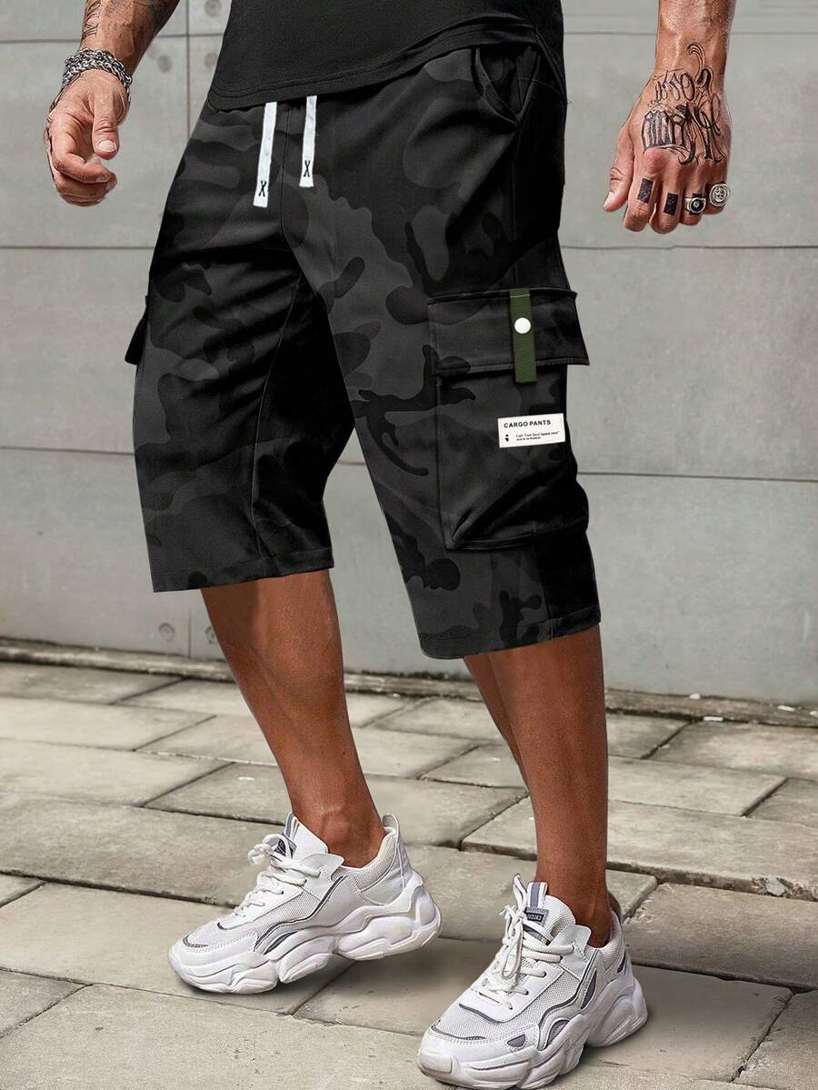 [Spring & Summer] Men's Casual Cargo 3/4 Pants, Summer Drawstring Waist Big Pocket Letter Patch Sporty Pants