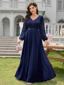 MIUSOL Elegant Floral Lace Deep V-Neck Lantern Sleeve Pleated Hem Evening Party Long Dress Wedding Spring - Navy Blue - View 10