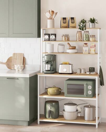 VASAGLE Kitchen Storage Rack, Coffee Bar, Baker's Rack, Total 6 Shelves And 6 Hooks, For Microwave, Steel Frame, Industrial, 40 X 100 X 167 Cm, Oak Colour And White