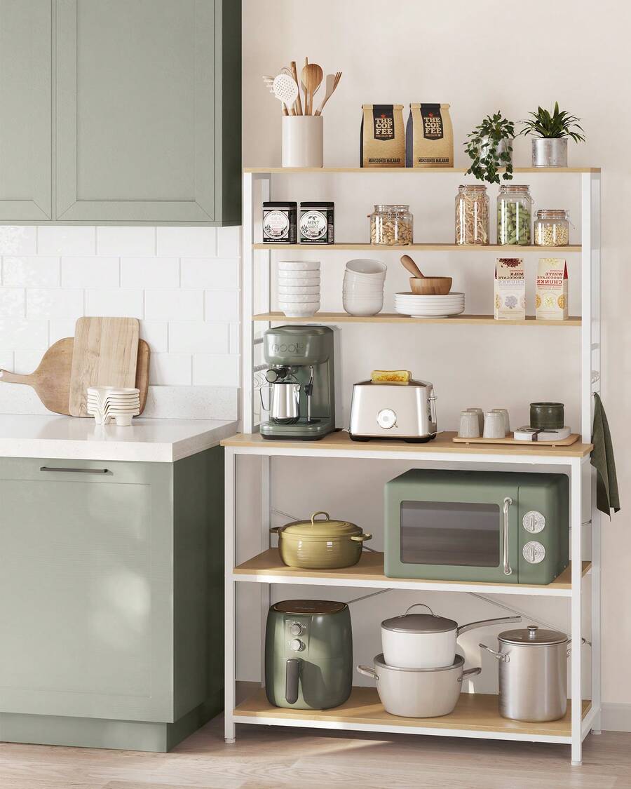 VASAGLE Kitchen Storage Rack, Coffee Bar, Baker's Rack, Total 6 Shelves And 6 Hooks, For Microwave, Steel Frame, Industrial, 40 X 100 X 167 Cm, Oak Colour And White - 黃色 - 查看 1