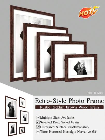 1pc 5x7/8x10/8x8/12x12/12x16 Inch Retro-Style Photo Frames With Rustic Reddish Brown Wood Grain For Wall, Nostalgic Hue Wall Frame With Mat, Distressed Surface Craftsmanship, Material, Collage Gallery Picture Frame, Time-Honored Nostalgic Narrative Gift