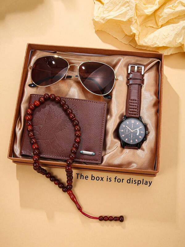 4pcs/Set Casual Fashion Versatile Business Men's Watch Set With Sunglasses, Rosary Beads & Wallet, Suitable For Daily, Holidays, Birthday Party, Outings, Perfect Gift For Father's Day, Thanksgiving, Teacher's Day