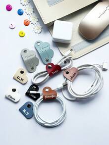 Customizable Leather Heart-Shaped Earphone & Cable Organizer, Data Cable Management Tie, Desk Wire Clips, Loom Band - Multicolor - View 4