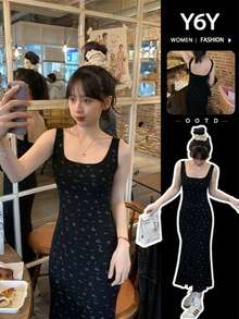 法式夏季黑色碎花无袖复古收腰修身吊带背心连衣裙 - 黑色 - 查看 5