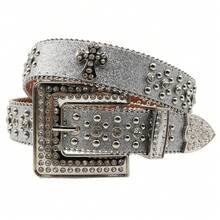 Cross Rhinestone Belt Women Rivet Alloy Rhinestone Diamond Needle Buckle Punk Style European And American Hip Hop Style - Silver - View 1