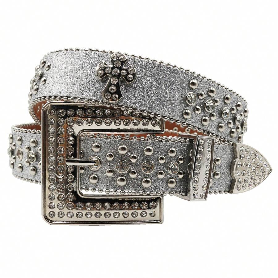 Cross Rhinestone Belt Women Rivet Alloy Rhinestone Diamond Needle Buckle Punk Style European And American Hip Hop Style - Silver - View 1