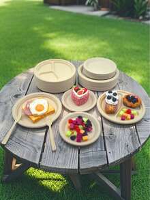 100% Bamboo Fiber 3-Compartment Disposable Plates, Available In 9"/7"/9", Sturdy And Durable, Microwave , Natural Unbleached Brown Color, PFAS-Free, Water And Oil Resistant Bamboo Fiber Disposable Plates - Beige - View 10