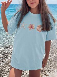 1pc Girls Casual Shell Graphic Print Round Neck Short Sleeve T-Shirt, Summer Student Youth Clothing - Shell Art Style T-Shirt Inspires Imagination And Self-Expression