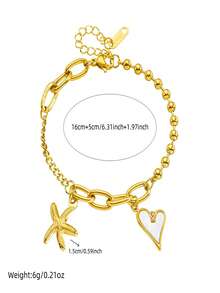 1 简约百搭不对称不锈钢链式手链，多种拼接方式，镀金海星白贝壳心形吊坠，女士珠宝