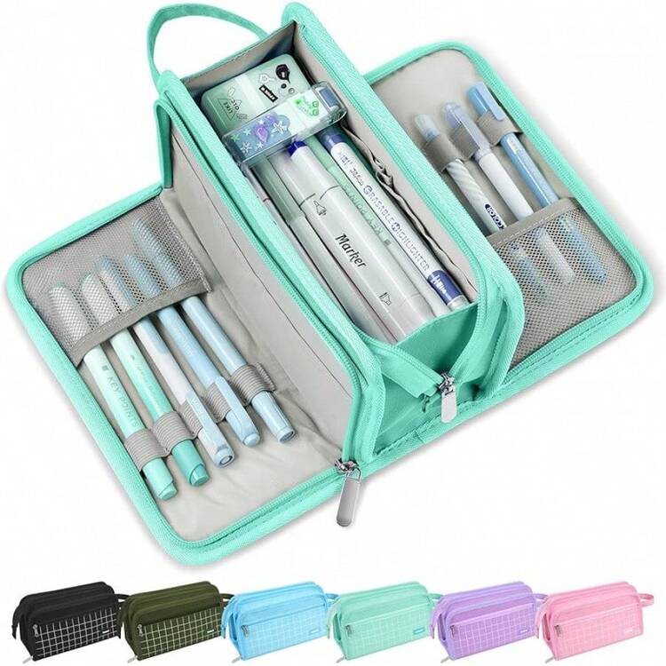 Estuche para lápices, bolsa de lápices de gran capacidad con 3 compartimentos, organizador de papelería portátil de lona con cremallera, suministros escolares estéticos y lindos para chicas adolescentes, morado con cuadros - Celadón con cuadros - Añade 1