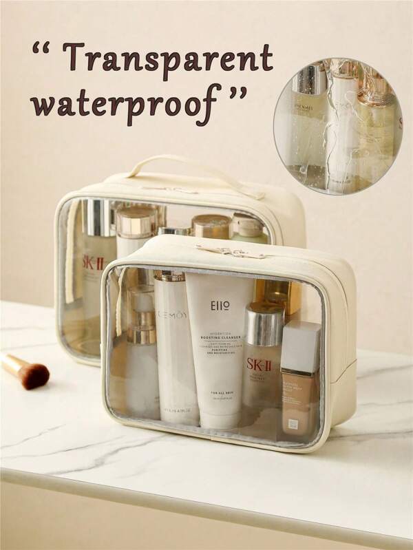 1pc Transparent PVC Toiletry Bag, Waterproof Scratch-Resistant Minimalist High-Quality Travel Portable Storage Bag, Large Capacity Skincare Organizer