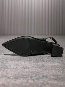 Damskie czółenka na grubym obcasie z metalową klamrą w kształcie głowy tygrysa, z odsłoniętym obcasem i paskiem z tyłu, wsuwane, wygodne i uniwersalne, na wysokim obcasie, czarne - Czarne - Zobacz 6