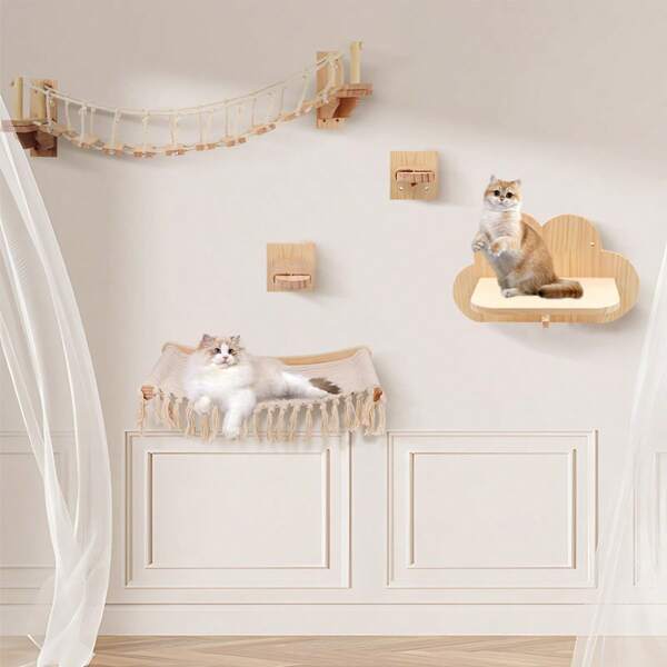 1 pieza Estantería de pared para gato, 1 pieza Percha para gato, 1 pieza Hamaca de madera para gato, 1 pieza Escalones para gato, Conjunto de muebles modernos para gato para dormir, jugar y trepar