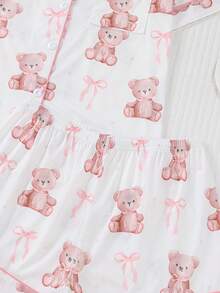 2 件套女士泰迪熊印花睡衣套装，包括带领和纽扣的短袖衬衫和宽松弹力短裤，漂亮时尚外套睡衣套装，休闲全季居家/户外睡衣 - 白色 - 查看 8