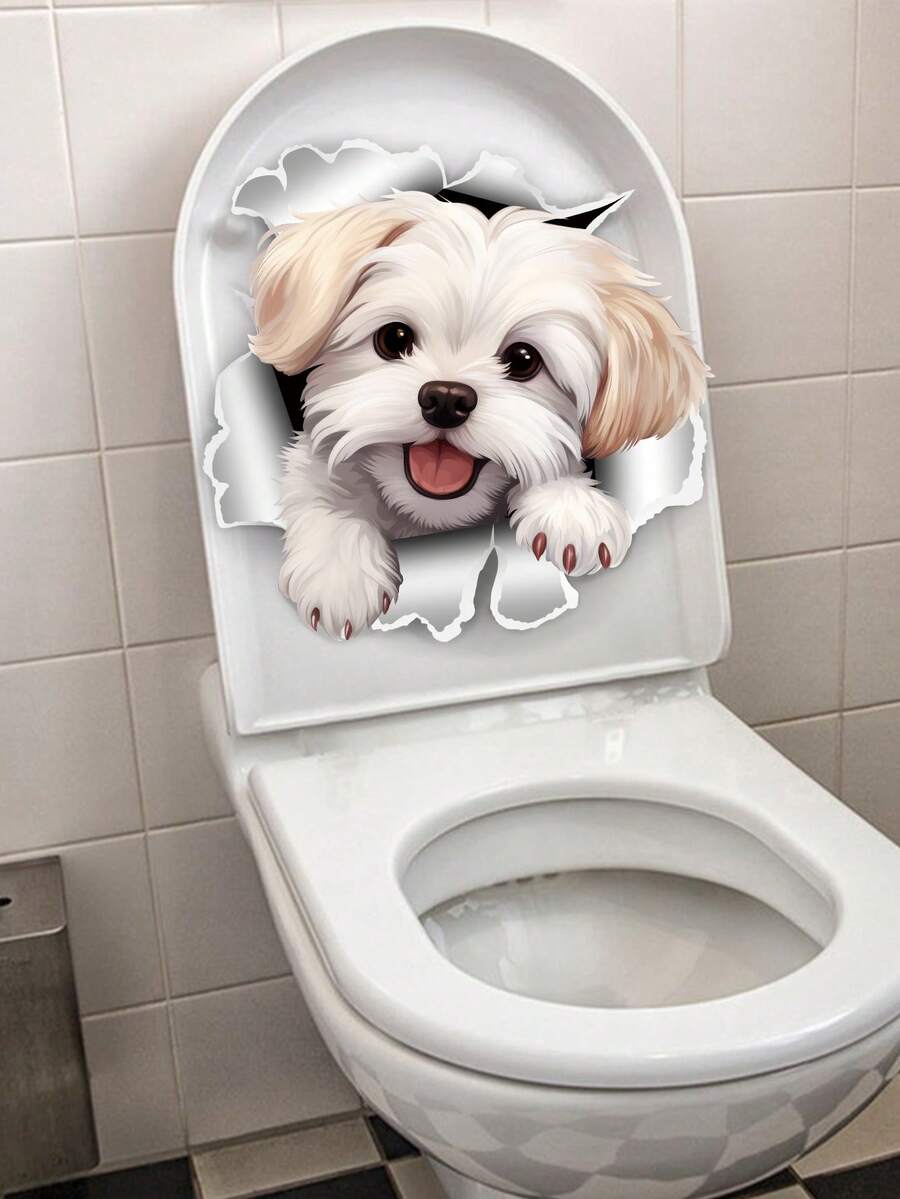 1pc 3D White Puppy Broken Wall Pattern Sticker, PVC Self-Adhesive Bathroom Wall Decal
