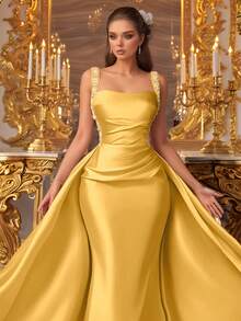 VIPGIRL 香槟粉色无袖垂褶缎面礼服，配亮片肩带和长拖尾，优雅美人鱼款女士正式礼服，舞会礼服，晚礼服，婚礼宾客礼服，奢华迷人的正式礼服 - 黃色 - 查看 1