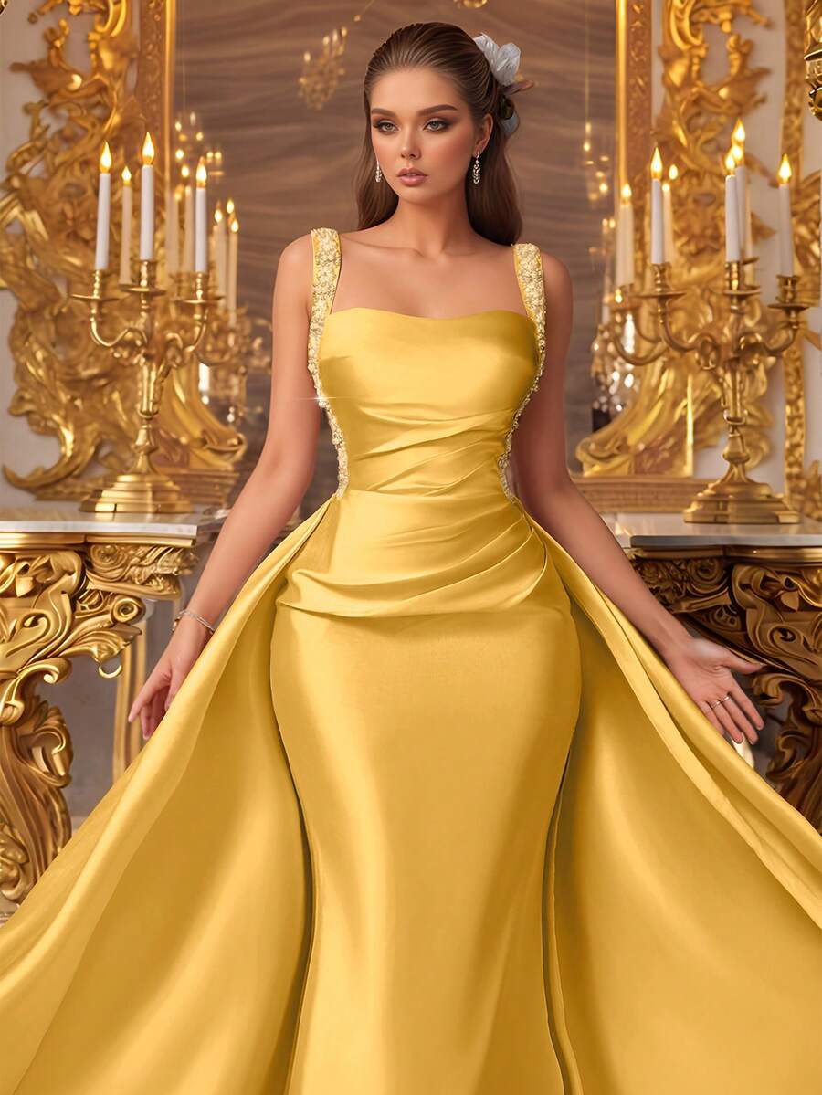 VIPGIRL 香槟粉色无袖垂褶缎面礼服，配亮片肩带和长拖尾，优雅美人鱼款女士正式礼服，舞会礼服，晚礼服，婚礼宾客礼服，奢华迷人的正式礼服 - 黃色 - 查看 1