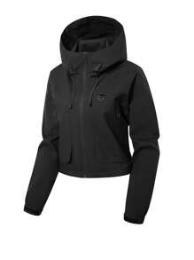 女士短款外套，春季轻便连帽多口袋拉链休闲户外外套 - 黑色 - 查看 1