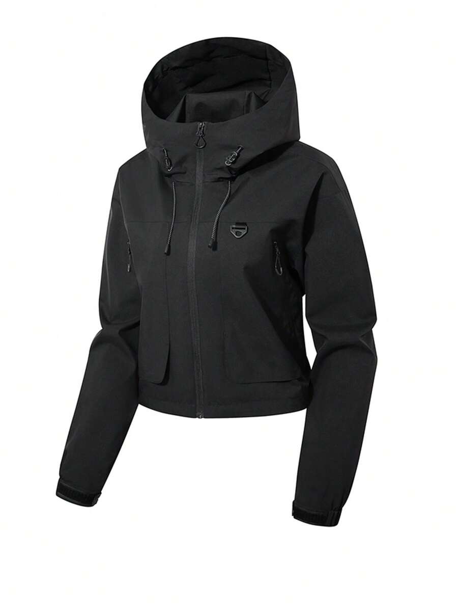 女士短款外套，春季轻便连帽多口袋拉链休闲户外外套 - 黑色 - 查看 1