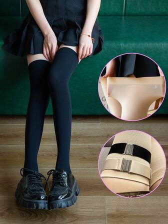 1 双女士纯色过膝袜，时尚休闲，带装饰带，防滑，舒适，适合派对、约会和舞台表演 - 适合所有季节