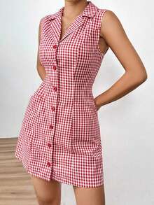 Vintage kariertes ärmelloses Minikleid für Damen mit Kragen