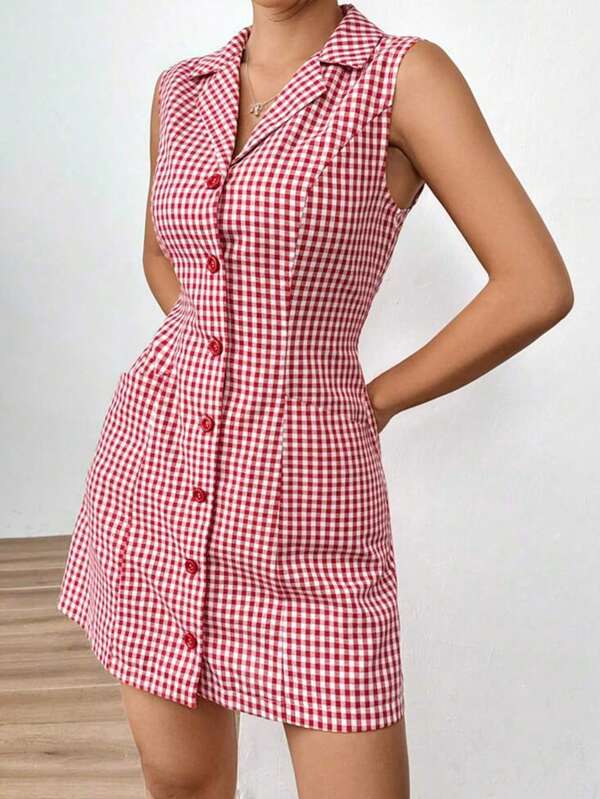 Vintage Plaid Sleeveless Women Mini Dress With Lapel