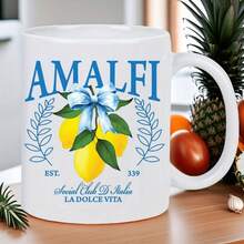 1pc 11oz Amalfi Lemon Ceramic Mug - Italian Social Club La Dolce Vita EST. 339 - Vibrant Lemon & Leaf Design, Durable Ceramic, Hand Wash Only, Reusable Coffee & Tea Cup For Morning Refreshment - Black - View 1