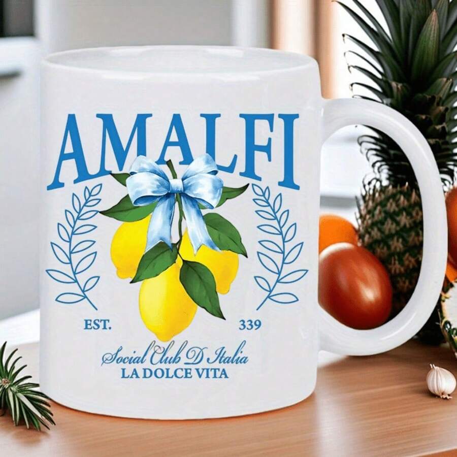 1pc 11oz Amalfi Lemon Ceramic Mug - Italian Social Club La Dolce Vita EST. 339 - Vibrant Lemon & Leaf Design, Durable Ceramic, Hand Wash Only, Reusable Coffee & Tea Cup For Morning Refreshment - Black - View 1