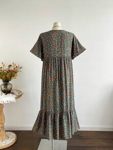 Rusttydustty 加大码复古绿色花卉长裙 V 领短袖高腰宽松休闲长裙 适合日常和野餐 波西米亚风花卉连衣裙 - 綠色 - 查看 4