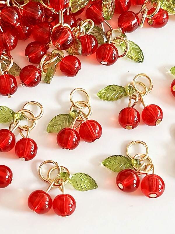 10Pcs Glass & Acrylic Beaded Charms With Golden 304 Stainless Steel Jump Rings Red Cherry Charms Fruit Pendants For DIY Jewelry Making Crafts