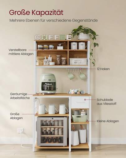 Küchenregal mit Steckdosen, Standregal, 40 x 80 x 180,4 cm, Backregal, verstellbare Ablagen, Stoffschublade, 12 Haken, Küche