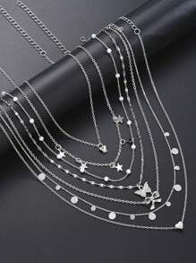 7/11/12/13pcs Elegant Vintage Minimalist Star, Moon, Gold Heart & Bowknot Necklace Set For Women, Suitable For Holiday, Party, Date And Daily Wear, Gift For Her