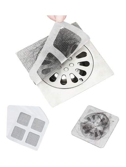 50 PIEZAS Pegatinas desechables de malla para el desagüe de la ducha, rejilla de metal y malla de tela, protector de desagüe del baño sin atascos ni olores, fácil de limpiar el recogedor de pelos para ducha, bañera y lavabo, accesorios de decoración del hogar durables para el baño