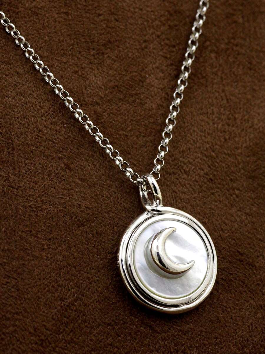 925 Silver Moon Heart Shaped Projection Pendant Necklace, White Shell Light Reflection - The Moon Represents My Heart 925 Silver Necklace With Hidden Words and Projection - View 1