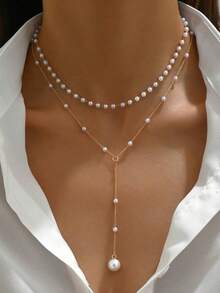 2件套法式时尚仿珍珠长项链，女士派对聚会配饰，优雅珠宝 - 長項鍊 - 查看 11
